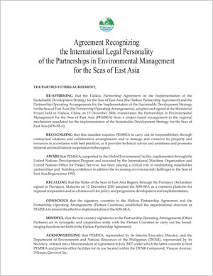 Agreement Recognizing the International Legal Personality of the Partnerships in Environmental Management for the Seas of East Asia