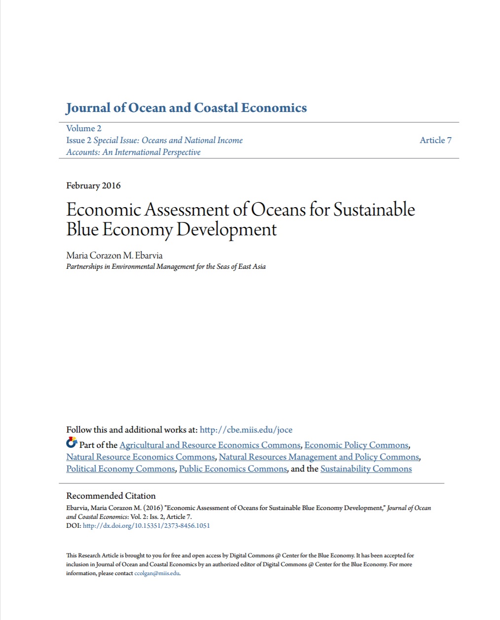 Economic Assessment of Oceans for Sustainable Blue Economy Development