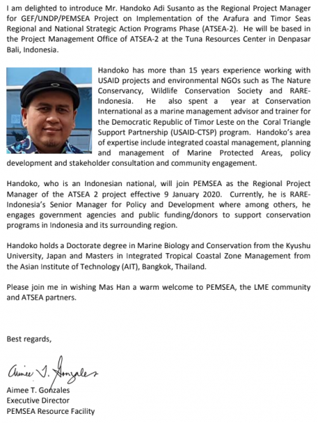 PEMSEA welcomes Handoko Adi Susanto to the ATSEA-2 project