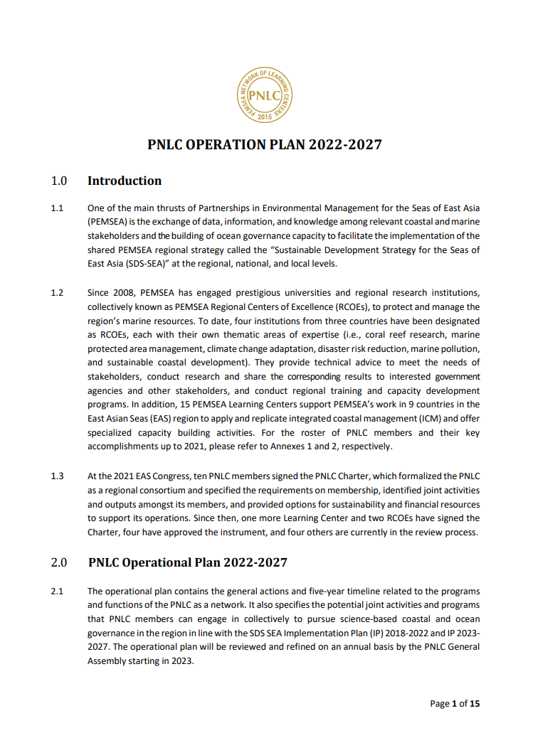 2022-2027 Operational Plan of the PEMSEA Network of Learning Centers (PNLC)