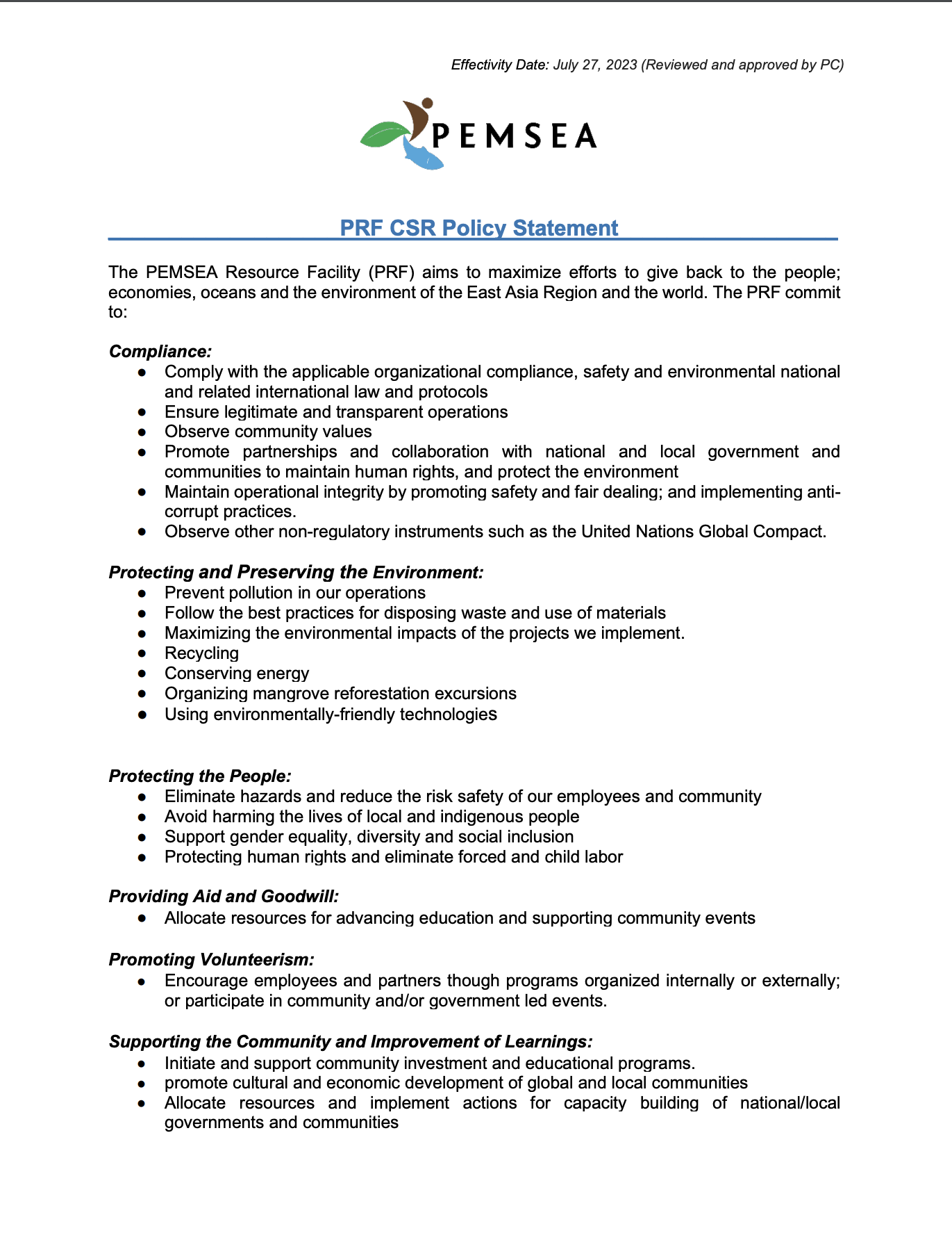 PRF CSR Policy Statement