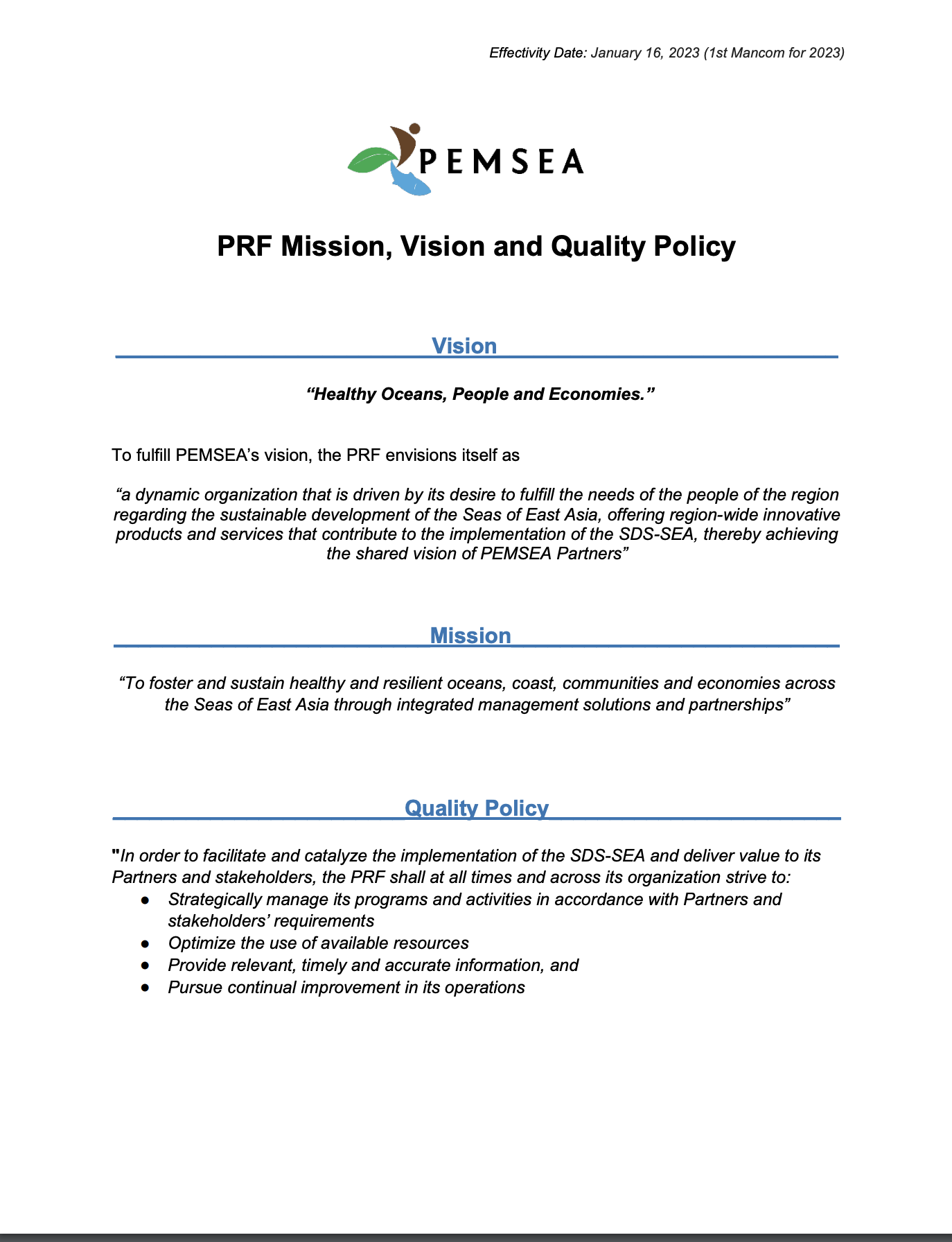 PRF Mission, Vision and Quality Policy